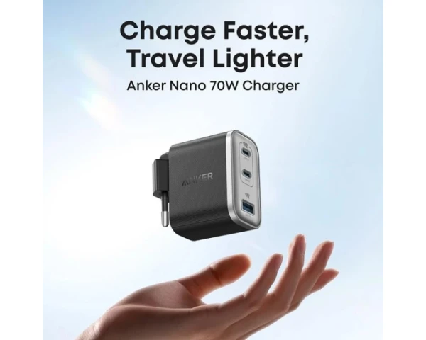 ANKER Nano 70W GaN zidni brzi punjač, 3-porta (2x USB-C i 1x USB-A) crni 