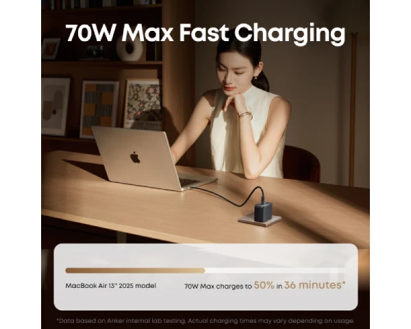 ANKER Nano 70W GaN zidni brzi punjač, 3-porta (2x USB-C i 1x USB-A) crni 