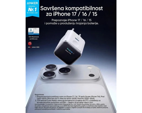 ANKER Nano 45W putni zidni punjač sa ekranom, USB-C port, beli 