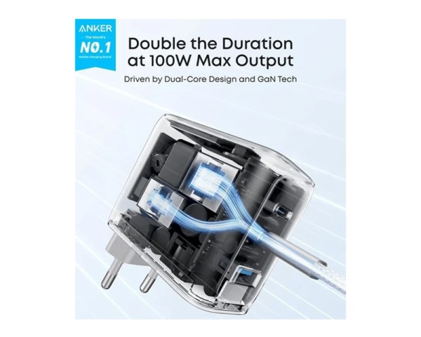 ANKER 100W GaN zidni brzi punjač, 3-porta (2x USB-C i 1x USB-A) sa USB-C MM pletenim kablom, tamno sivi 