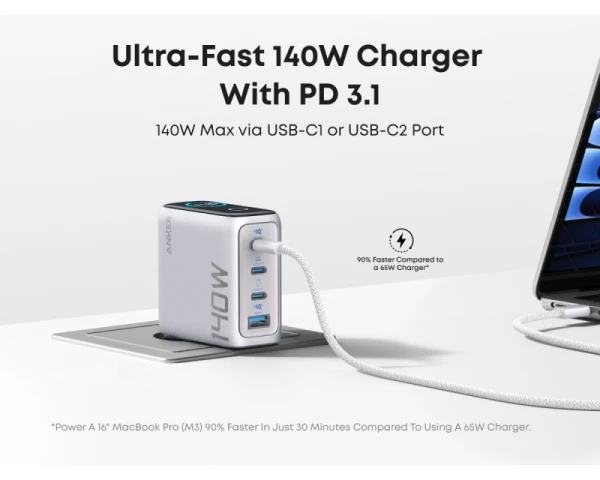 ANKER 140W GaN zidni brzi punjač, 4-porta (3x USB-C i 1x USB-A) sa USB-C MM pletenim kablom, srebrni 