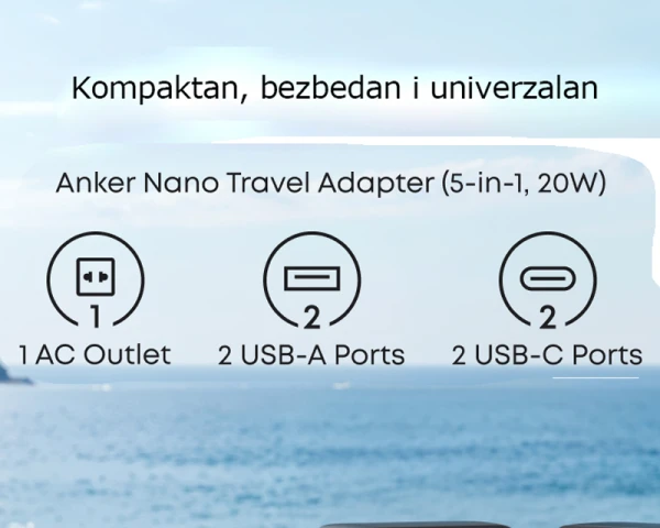 ANKER Nano 20W putni zidni punjač 5-portova (2x USB-A, 2x USB-C, utičnica EU na US, UK, AU i EU), crni 