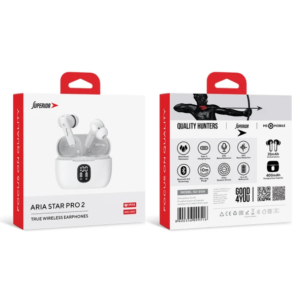 Slusalice bluetooth superior aria star pro 2 anc+enc bele