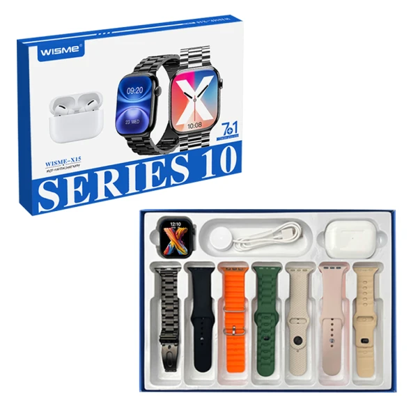 Smart watch wisme-x15 crni i bluetooth slusalice set (7 narukvica)