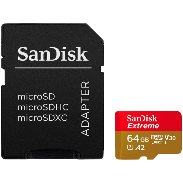 SANDISK Extreme microSDXC 64GB + SD Adapter + 1 year RescuePRO Deluxe up to 170MBs & 80MBs ReadWrite speeds A2 C10 V30 UHS-I U3 ( SDSQXAH-0