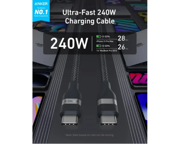 ANKER USB tip-C kabl M/M 1.8m, za Super brzo punjenje 240W/480Mbps, pleteni, crni