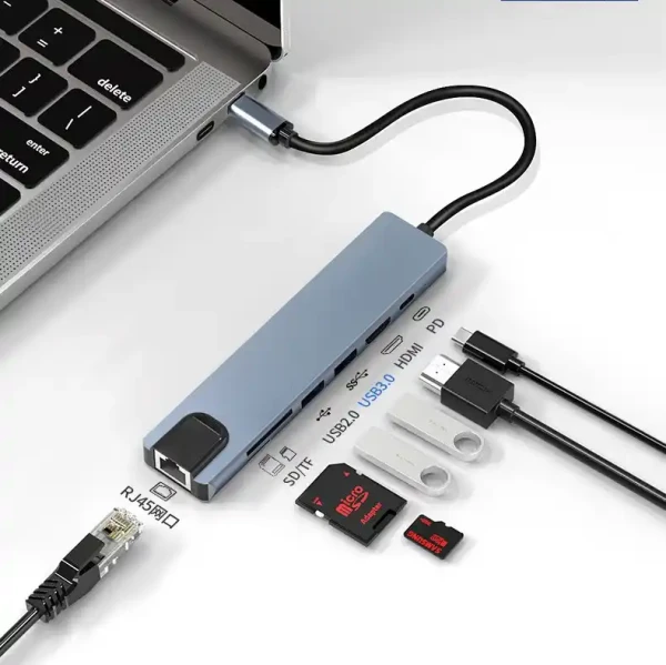Adapter konverter TIP C 7/1 USB 3.0x2/Ethernet RJ45 /HDMI 4K 30HZ/PD/SD/TF