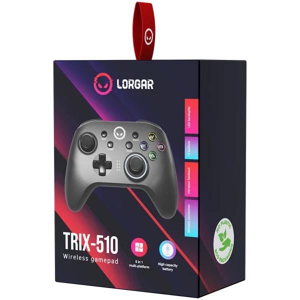 LORGAR TRIX-510, Gaming controller, Black, BT5.0 Controller with built-in 600mah battery, 1M Type-C charging cable ,6 axis motion sensor su