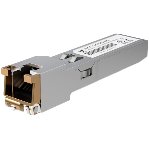 Ubiquiti UACC-CM-RJ45-MG SFP+ to RJ45 adapter, 12.5510 GbE is a RJ45 transceiver that can be inserted into an SFP port in order to connect 
