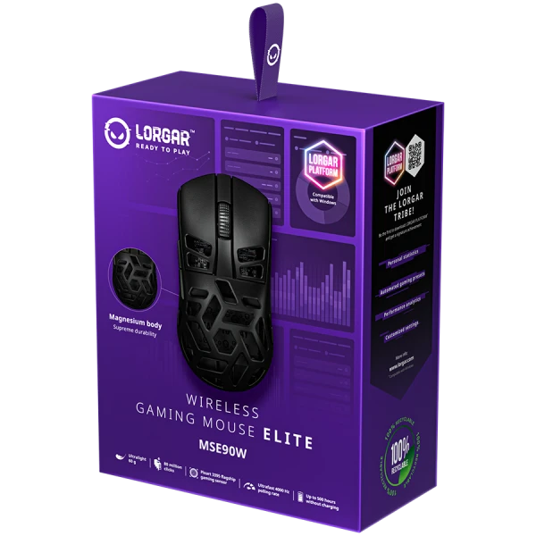 LORGAR MSE90W, Magnesium Alloy Wireless Gaming Mouse Elite, Black ( LRG-MSE90W-BK ) 