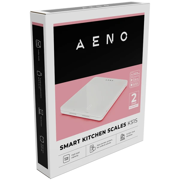 AENO Kitchen Scale KS1S Smart, Max load - 8 kg, Bluetooth, 10,000+ products & meals, 25 indicators analysis, Coffee mode, 6 unit conversion