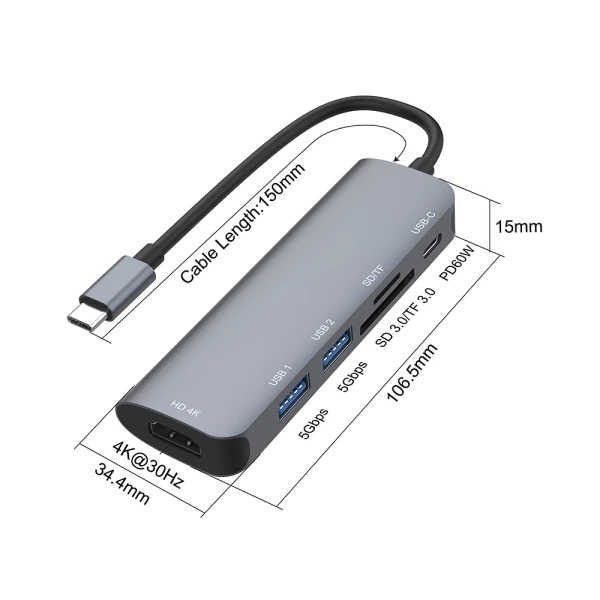 Hub usb type-c dock stanica sa hdmi 4k + sd/tf 3.0 + 2x usb 3.0 + usb type-c pd 3.0 65w 20cm (otn-95116) onten
