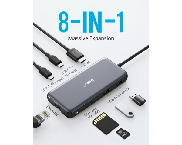 ANKER USB-C Data Hub, 8u1 Multiport, PD 85W, 10Gbps crni 