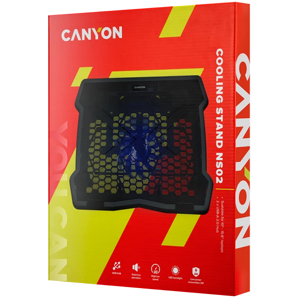 CANYON NS02, Cooling stand single fan with 2x2.0 USB hub, support up to 10''-15.6'' laptop, ABS plastic and iron, Fans dimension:125*125*15mm