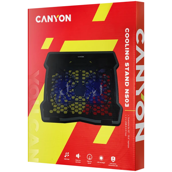 CANYON NS03, Cooling stand dual-fan with 2x2.0 USB hub, support up to 10''-15.6'' laptop, ABS plastic and iron, Fans dimension:125*125*15mm(2