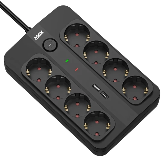 Produžni kabl sa prenaponskom zaštitom sa 8 utičnica MAX MPS-908SB-3M/3m/USB A & USB C port