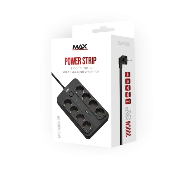 Produžni kabl sa prenaponskom zaštitom sa 8 utičnica MAX MPS-908SB-3M/3m/USB A & USB C port
