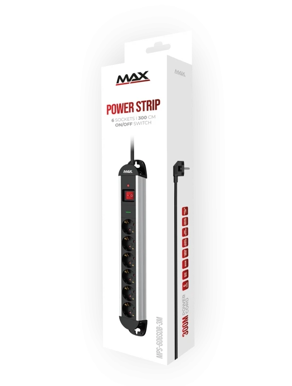 Produžni kabl sa prenaponskom zaštitom sa 6 utičnica MAX MPS-606SOB-3M/aluminijumsko kučište/3m