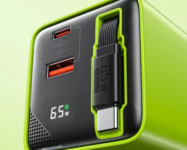 WEKOME WP-U39 Superbrzi Strujni GaN punjač, 2-porta USB (3.0 i 3.1 tip C) 65W sa displlejom i USB 3.1 tip C kablom 0.8m, žuti 