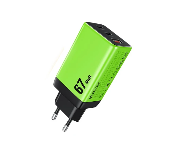 WEKOME WP-U157 Super brzi Strujni GaN punjač, 3-porta USB (3.0 i 2 x 3.1 Tip C) 67W, zeleni 