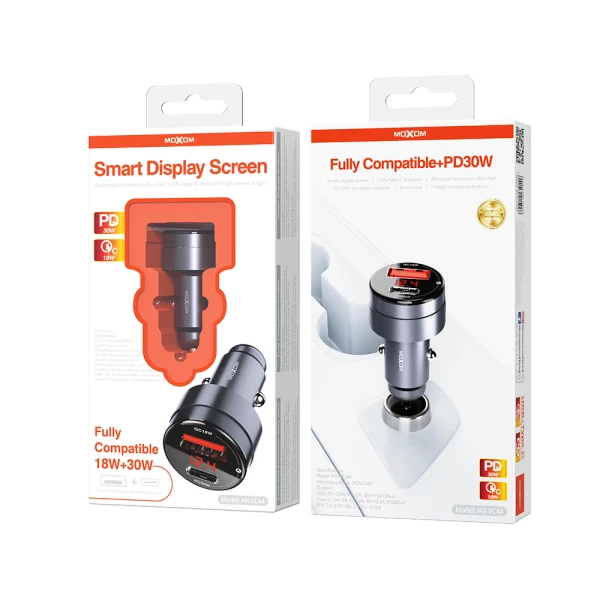 Auto punjac moxom mx-vc44 usb-a 18w+type-c pd30w bez kabla crni