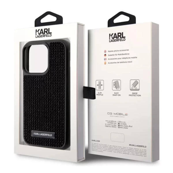Torbica Karl Lagerfeld Hc Rhinestone Metal Plate Logo za iPhone 15 Pro 6.1 crna (KLHCP15LHDSPLK)