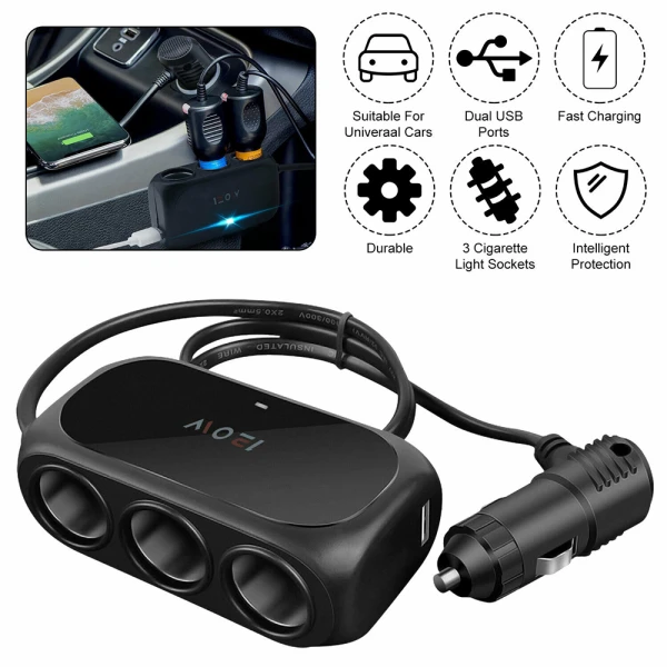 Produzni adapter za upaljac wt-d23 sa 3 rupe+2xusb crni