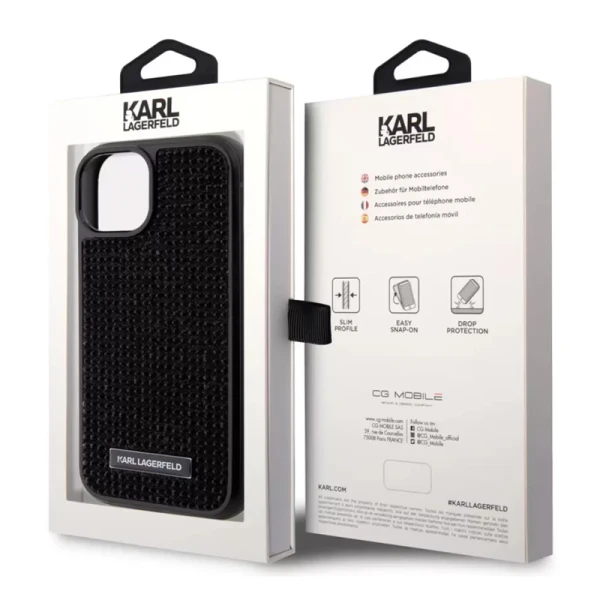 Torbica Karl Lagerfeld Hc Rhinestone Metal Plate Logo za iPhone 15 Pro Max 6.7 crna (KLHCP15XHDSPLK)