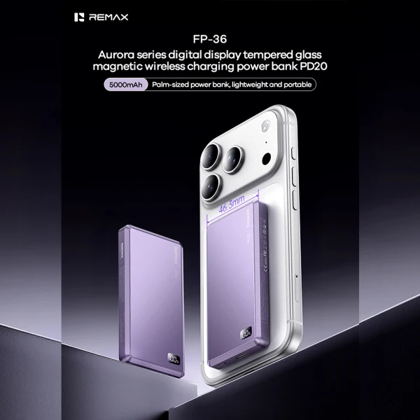 Power bank magsafe remax aurora fp-36 pd 20w + wireless 15w 5000mah ljubicasti
