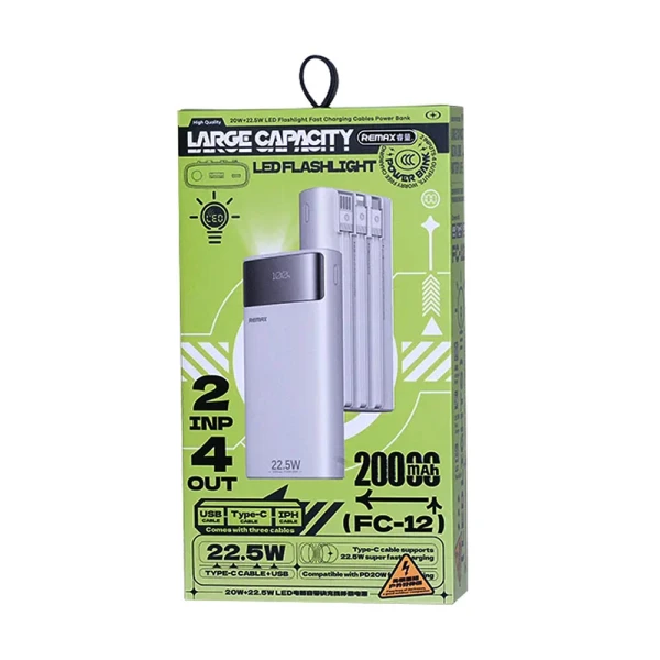 Power bank remax fc-12 led flashlight pd 20w + qc 22.5w 20000mah beli