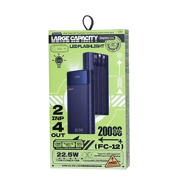 Power bank remax fc-12 led flashlight pd 20w + qc 22.5w 20000mah crni