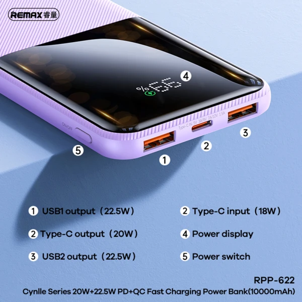 Power bank remax pd 20w+qc 22.5w fast rpp-622 10000mah beli