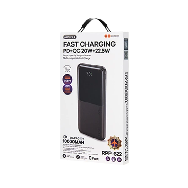 Power bank remax pd 20w+qc 22.5w fast rpp-622 10000mah crni