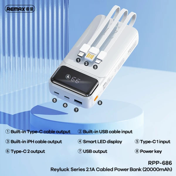 Power bank remax reyluck series rpp-686 fast 2.1a 20000mah crni