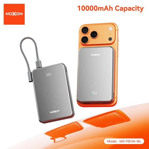 Power bank magsafe moxom mx-pb194 fast charge 22.5w + wireless 15w type c 10000mah srebrni