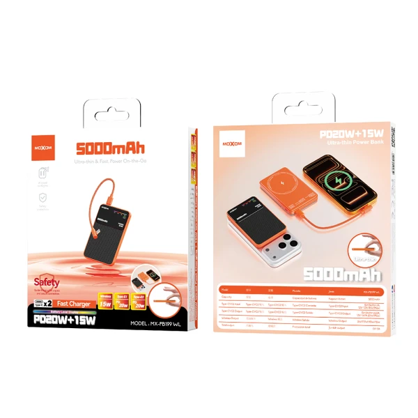 Power bank magsafe moxom mx-pb199 fast pd 20w + wireless 15w type c - type c 5000mah narandzasti