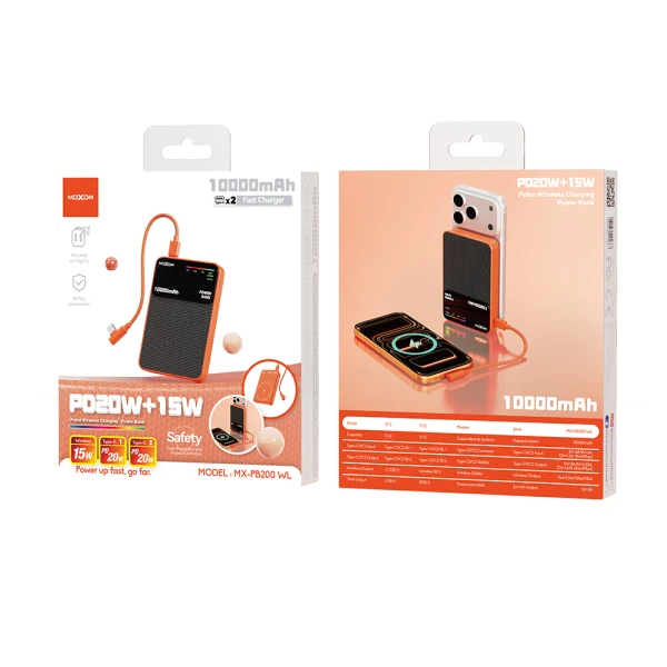 Power bank magsafe moxom mx-pb200 fast pd 20w + wireless 15w type c - type c 10000mah narandzasti