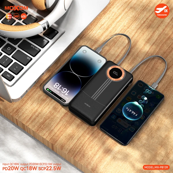 Power bank moxom mx-pb139 fast 20000mah qc22.5w+ pd20w  2.4a crni