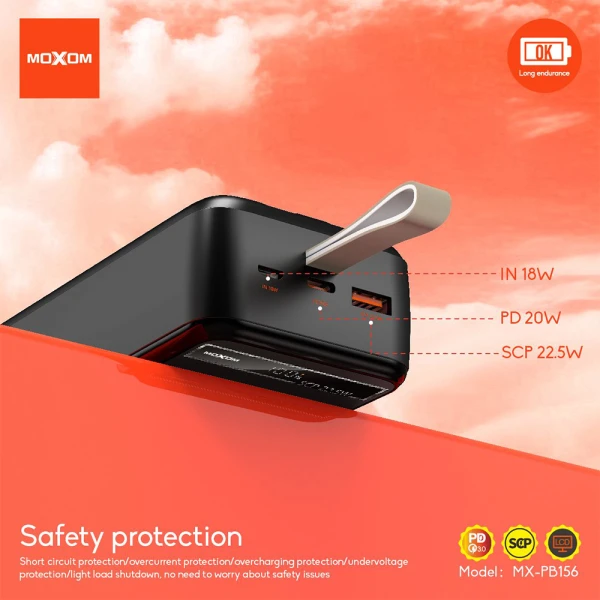 Power bank moxom mx-pb156 fast charging 30000mah scp22.5w+ pd20w 3a crni