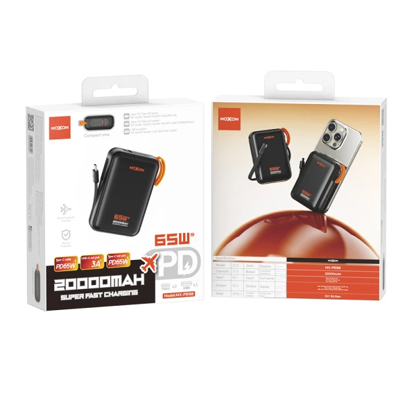Power bank moxom mx-pb188 65w super fast 20000mah type c crni