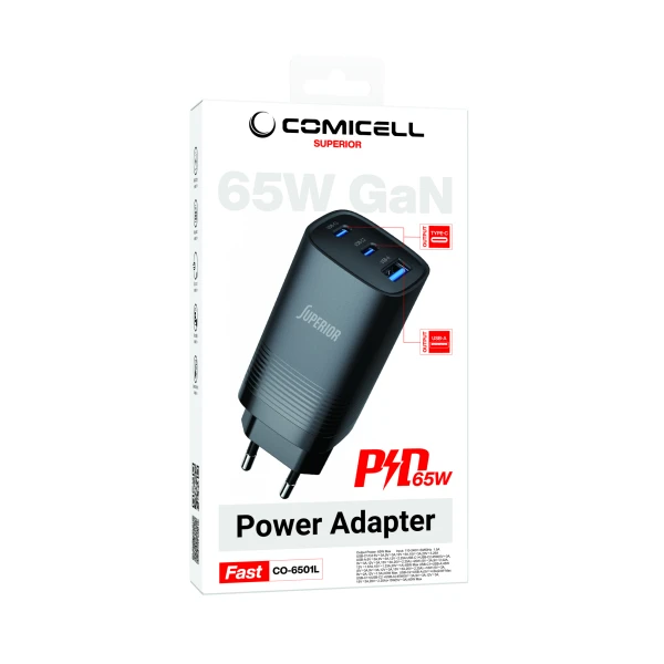 Kuciste punjaca comicell superior co-6501l 65w gan fast pd + usb crno