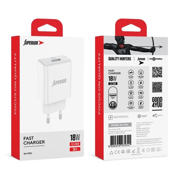 Kuciste punjaca superior su-p101 fast qc3.0 18w 3a belo