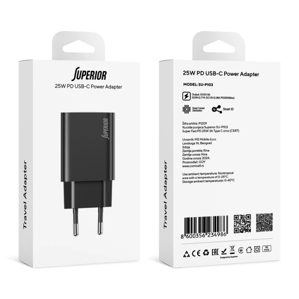 Kuciste punjaca superior su-p103 super fast pd 25w 3a type c crno (cert)