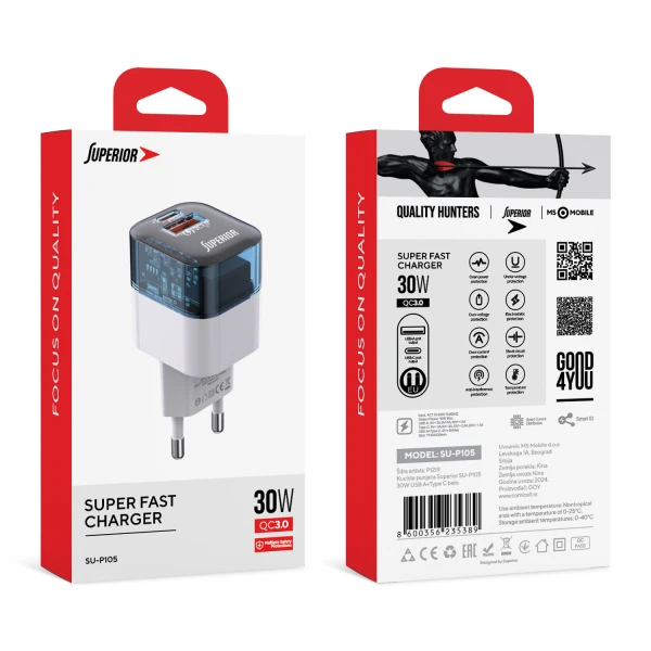 Kuciste punjaca superior su-p105 30w usb a+type c belo