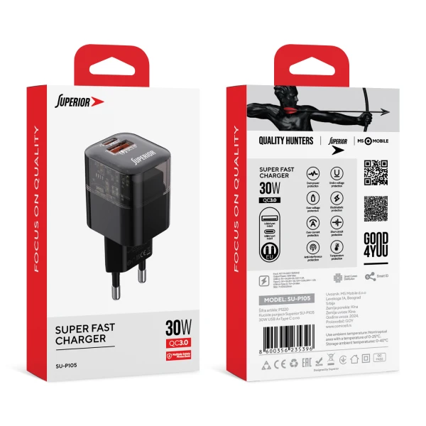 Kuciste punjaca superior su-p105 30w usb a+type c crno