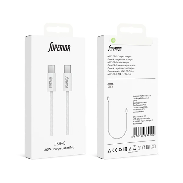 Usb data kabal superior su-k1025 type c na type c 60w 1m beli