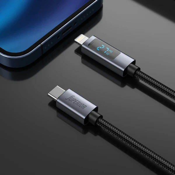 Usb data kabal superior su-k107 pleteni type-c na lightning 3a 27w sa led ekranom 1m crni