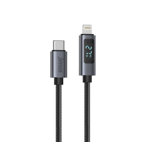 Usb data kabal superior su-k107 pleteni type-c na lightning 3a 27w sa led ekranom 1m crni