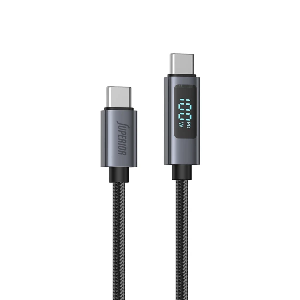 Usb data kabal superior su-k107 pleteni type-c na type-c 5a 100w sa led ekranom 1m crni