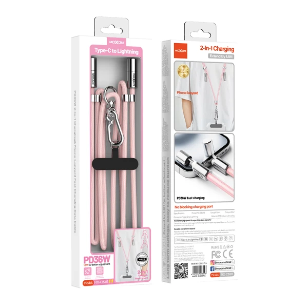 Usb data kabal moxom mx-cb313 type-c to lightning strap pink